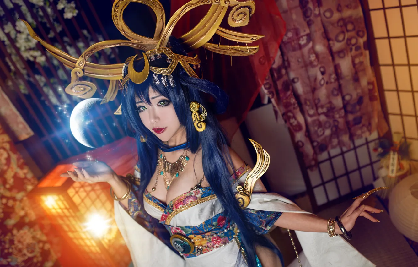 Photo wallpaper white, purple, chest, look, girl, light, decoration, blue