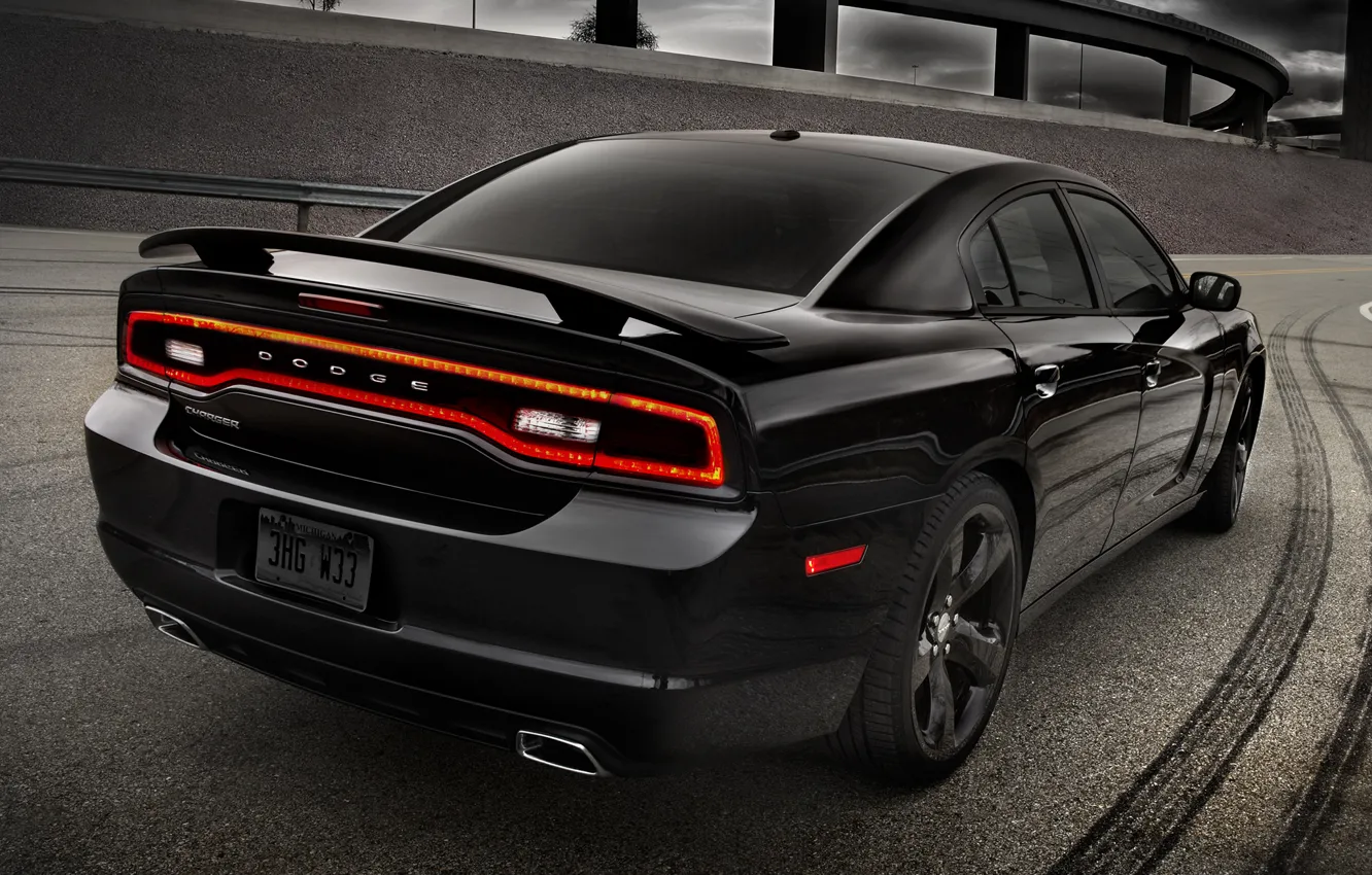 Photo wallpaper road, the sky, black, 2012, Dodge, freeway, rear view, dodge