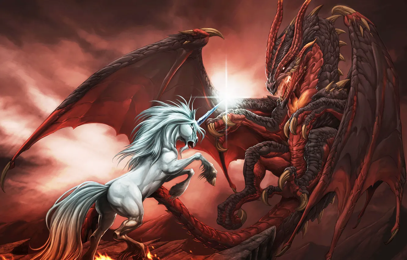 Photo wallpaper Dragon, Battle, Dragon, Drawings, Mythology, Fire, Unicorn