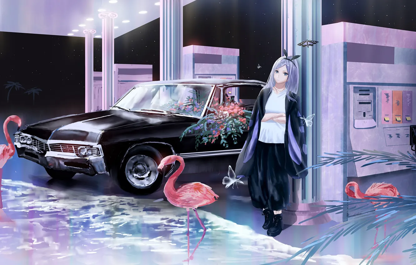 Photo wallpaper machine, girl, Flamingo