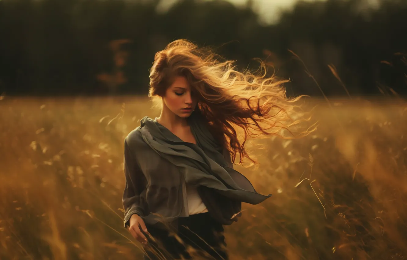 Photo wallpaper field, summer, grass, girl, pose, the wind, blouse, walk