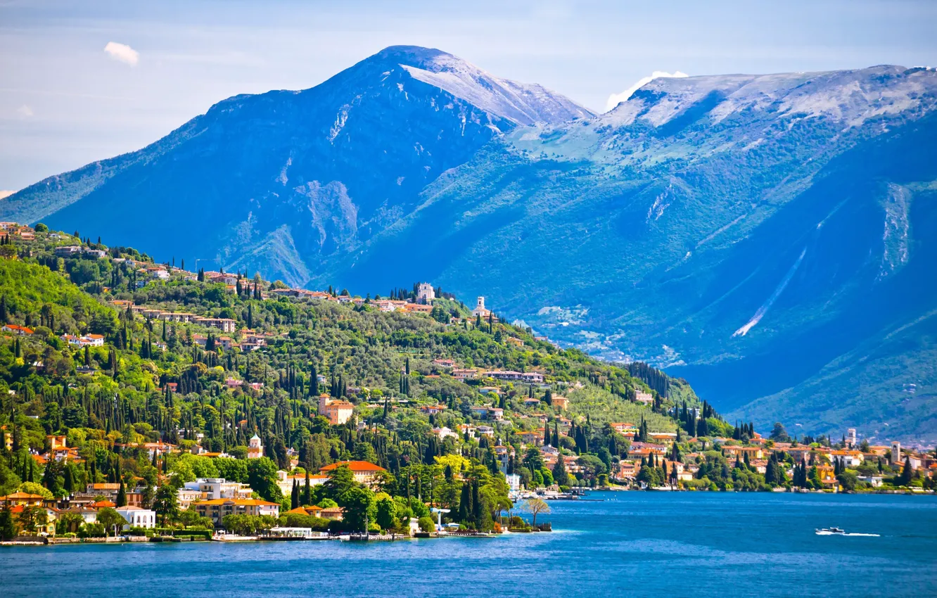 Photo wallpaper mountains, lake, Alps, Italy, Gardone Riviera, Garda, Gardone Riviera