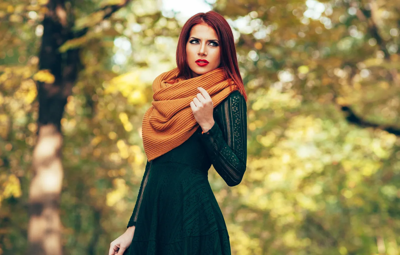 Photo wallpaper autumn, girl, trees, Park, background, portrait, makeup, scarf