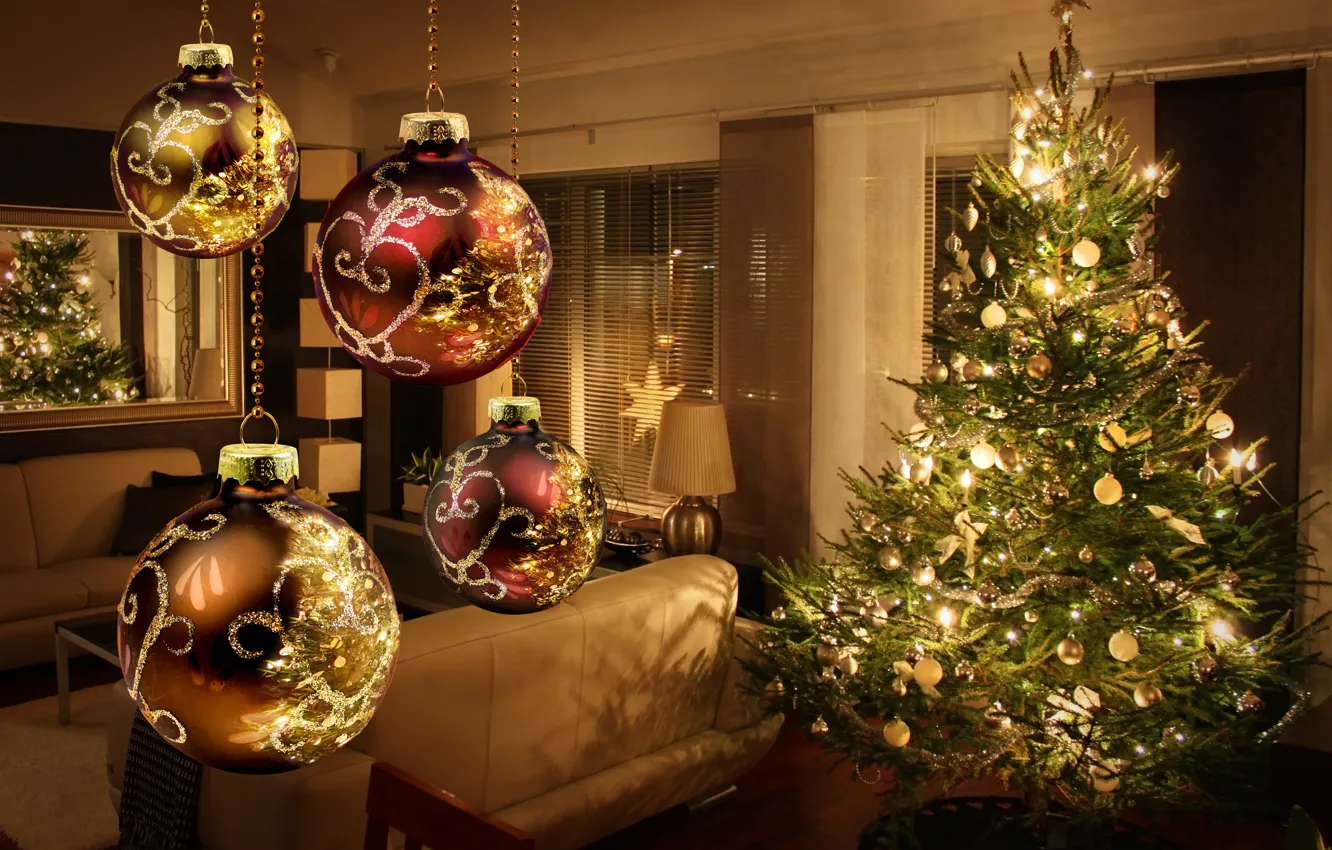 Photo wallpaper decoration, lights, lights, tree, interior, New year, new year, merry christmas