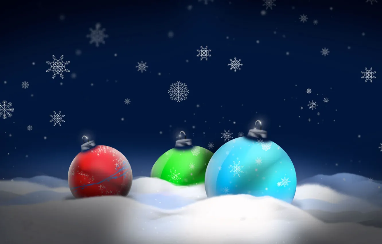Photo wallpaper snow, balls, new year, Christmas toys