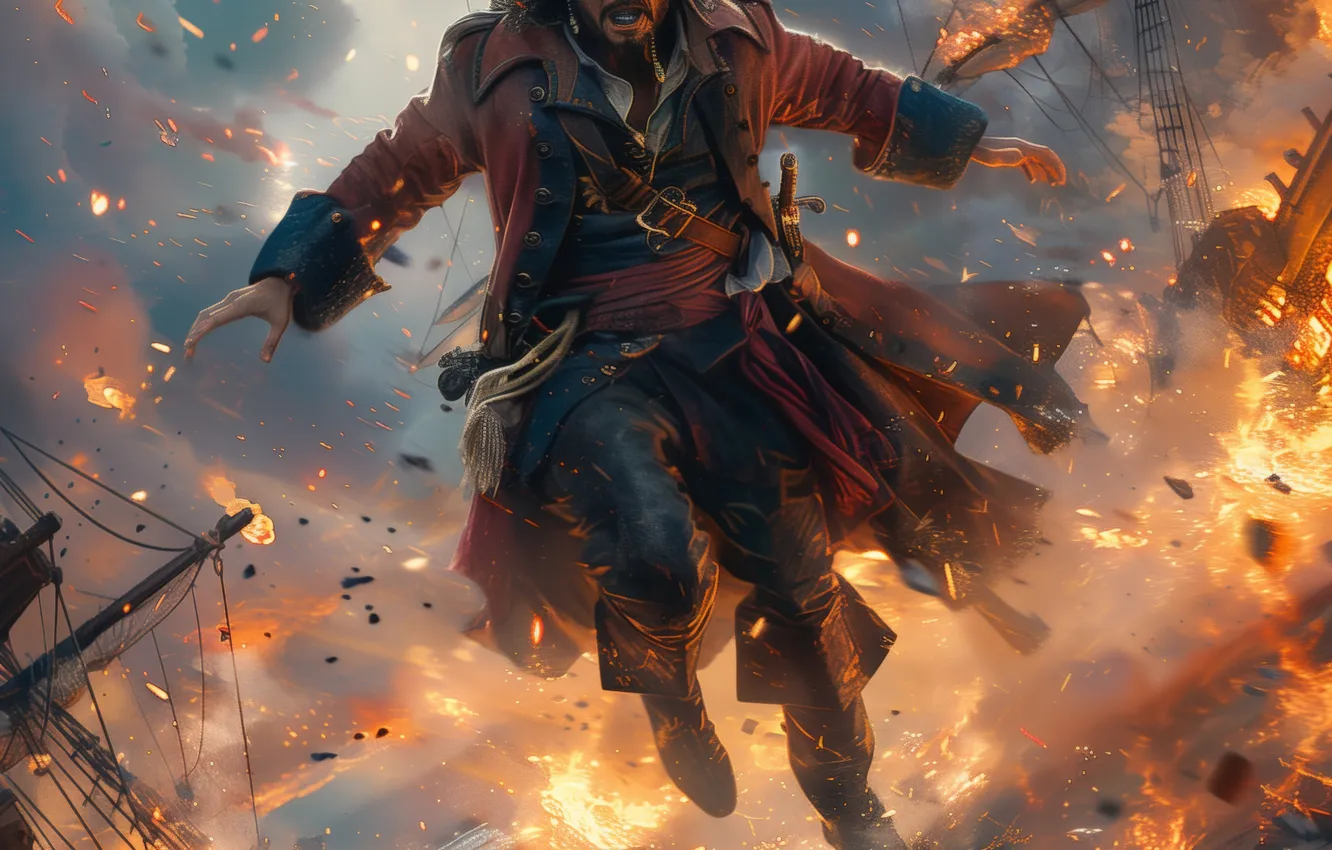 Photo wallpaper fire, ship, pirate, male, digital art, AI art, The Art of Artificial Intelligence, neural network