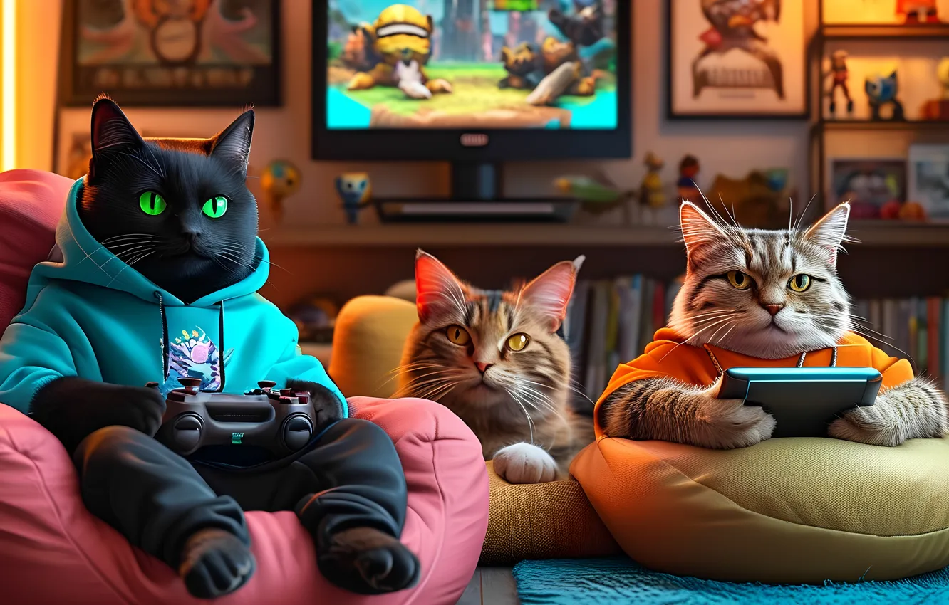 Photo wallpaper style, joystick, tablet, black cat, red cat, gamer, gamers