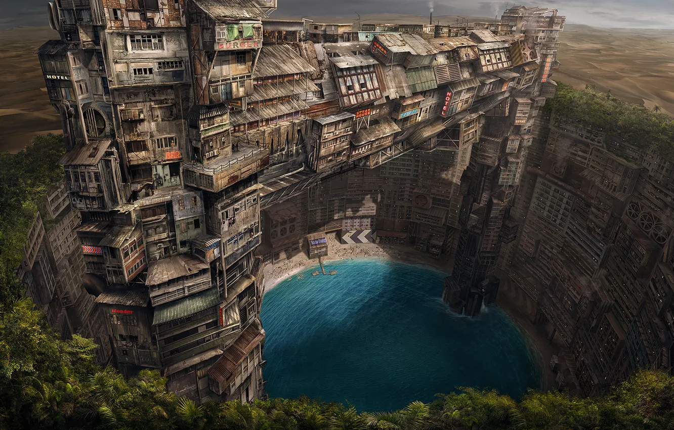 Photo wallpaper sand, greens, the city, lake, desert, home, oasis, fantasy world