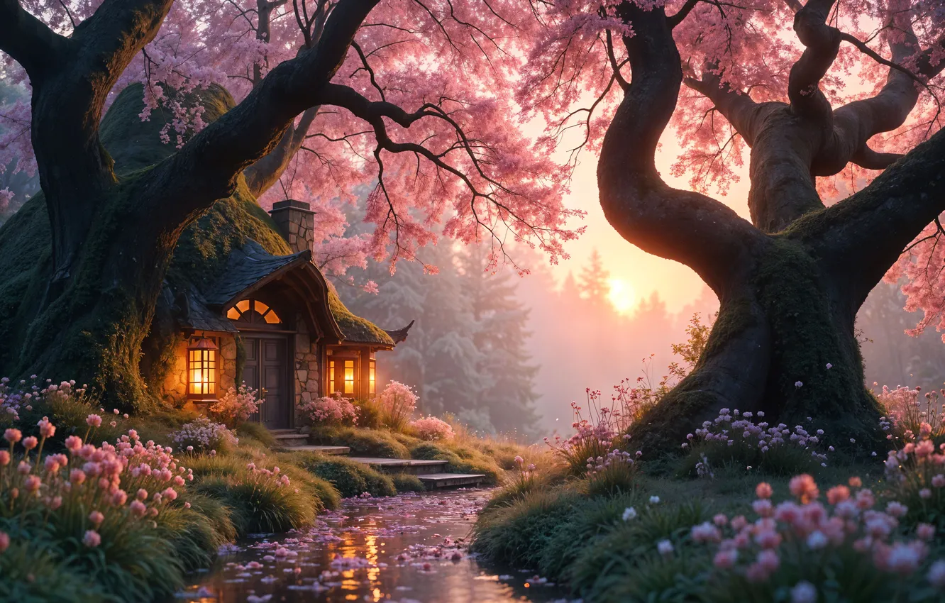 Photo wallpaper tale, spring, Sakura, house, flowering, trees, pink, blossom