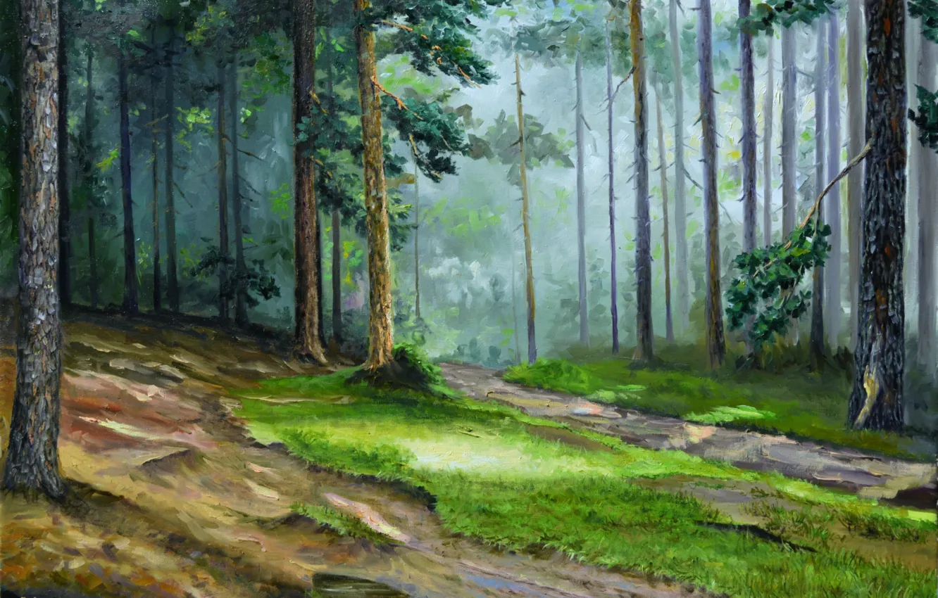 Photo wallpaper forest, summer, grass, trees, landscape, fog, picture, painting