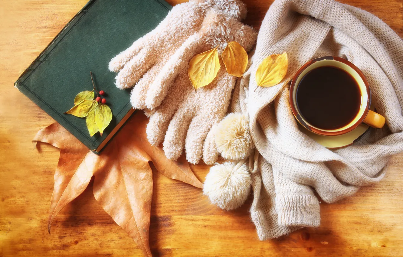 Photo wallpaper autumn, leaves, coffee, scarf, Cup, hot, autumn, leaves