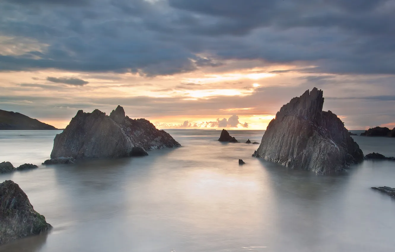 Photo wallpaper sea, sunset, nature, surface, rocks