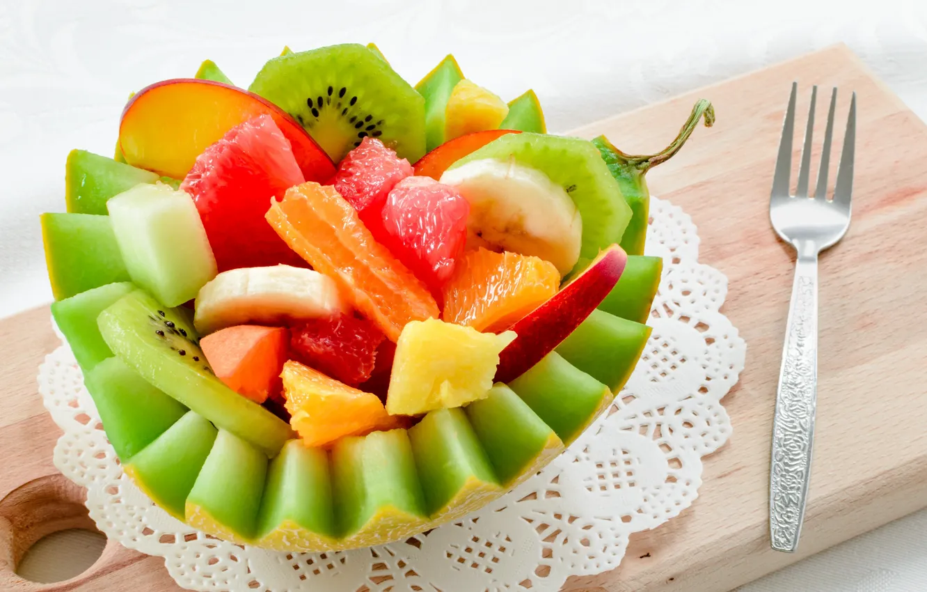 Photo wallpaper apples, kiwi, bananas, plug, melon, fruit salad