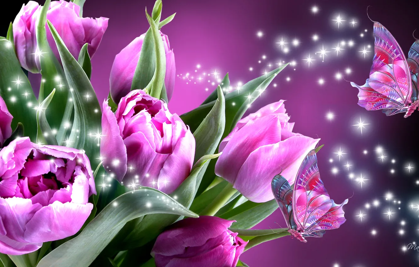 Photo wallpaper flowers, collage, butterfly, wings, tulips, moth