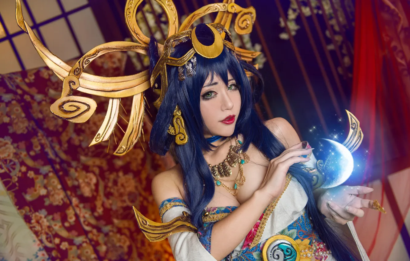 Photo wallpaper purple, chest, look, girl, light, decoration, blue, red