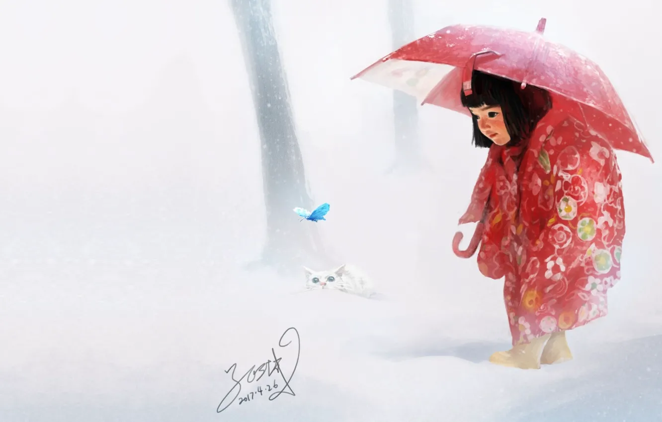 Photo wallpaper winter, butterfly, art, kitty, miracle, children's, the first snow, Painting practice