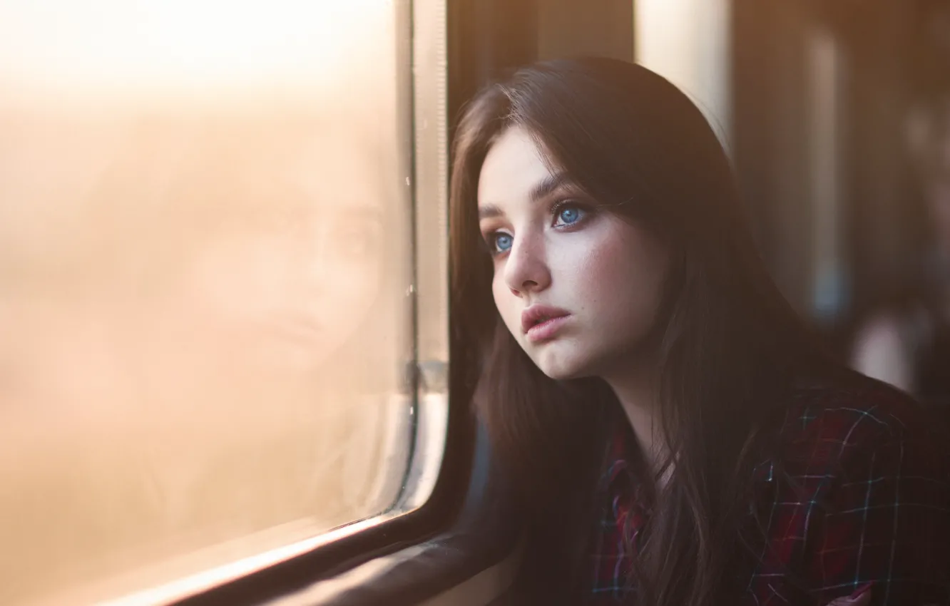 Photo wallpaper girl, blue eyes, window, look, teen, Youth