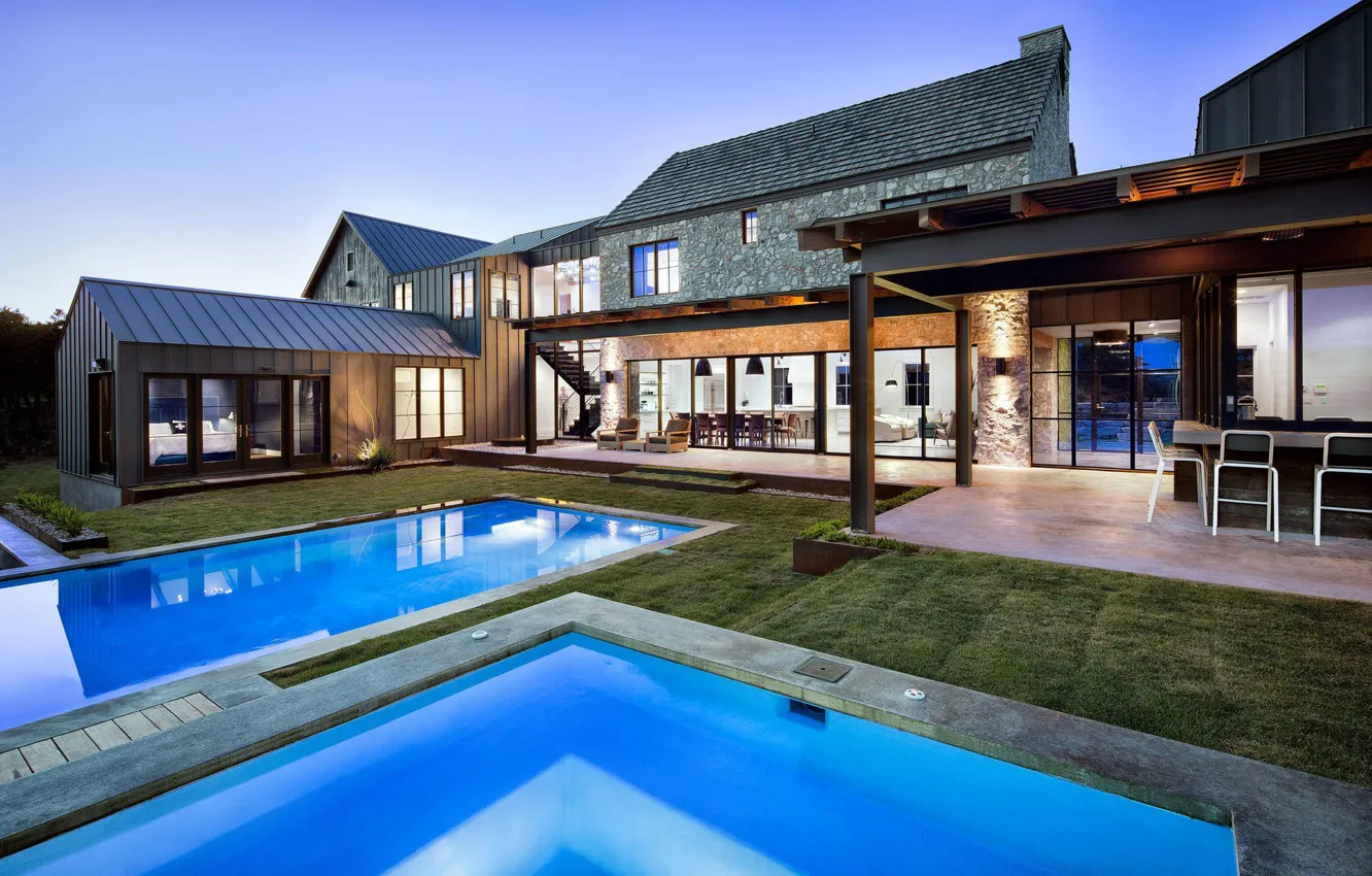 Photo wallpaper Villa, the evening, pool, architecture, Farmhouse, Modern farmhouse