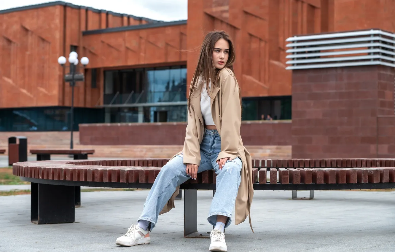 Photo wallpaper girl, model, jeans, brunette, urban, sitting, sneakers, public