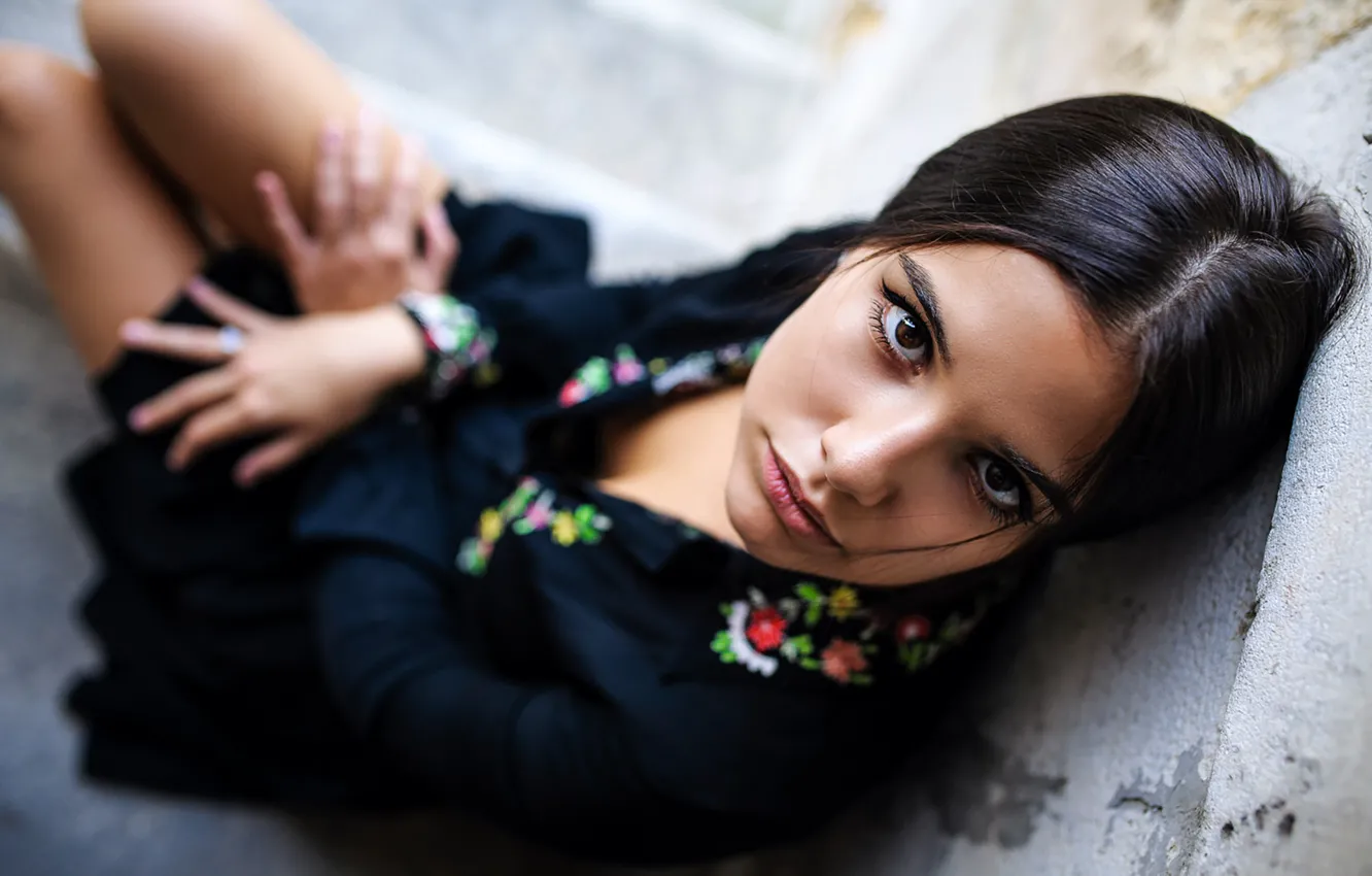 Photo wallpaper look, portrait, makeup, dress, brunette, hairstyle, beautiful, sitting