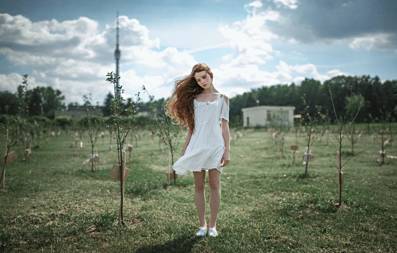 Photo wallpaper Girl, Look, Trees, Hair, Dress, White, Freckles, Red