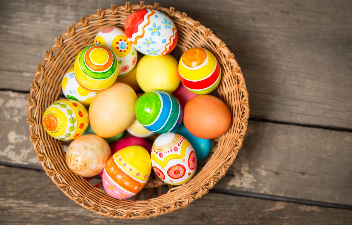 Photo wallpaper basket, colorful, Easter, wood, spring, Easter, eggs, holiday