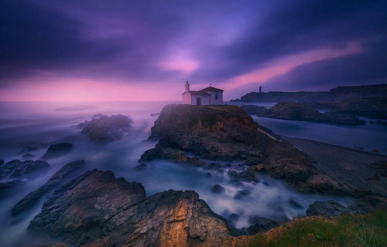 Photo wallpaper sea, purple, the sky, sunset, fog, stones, rocks, shore