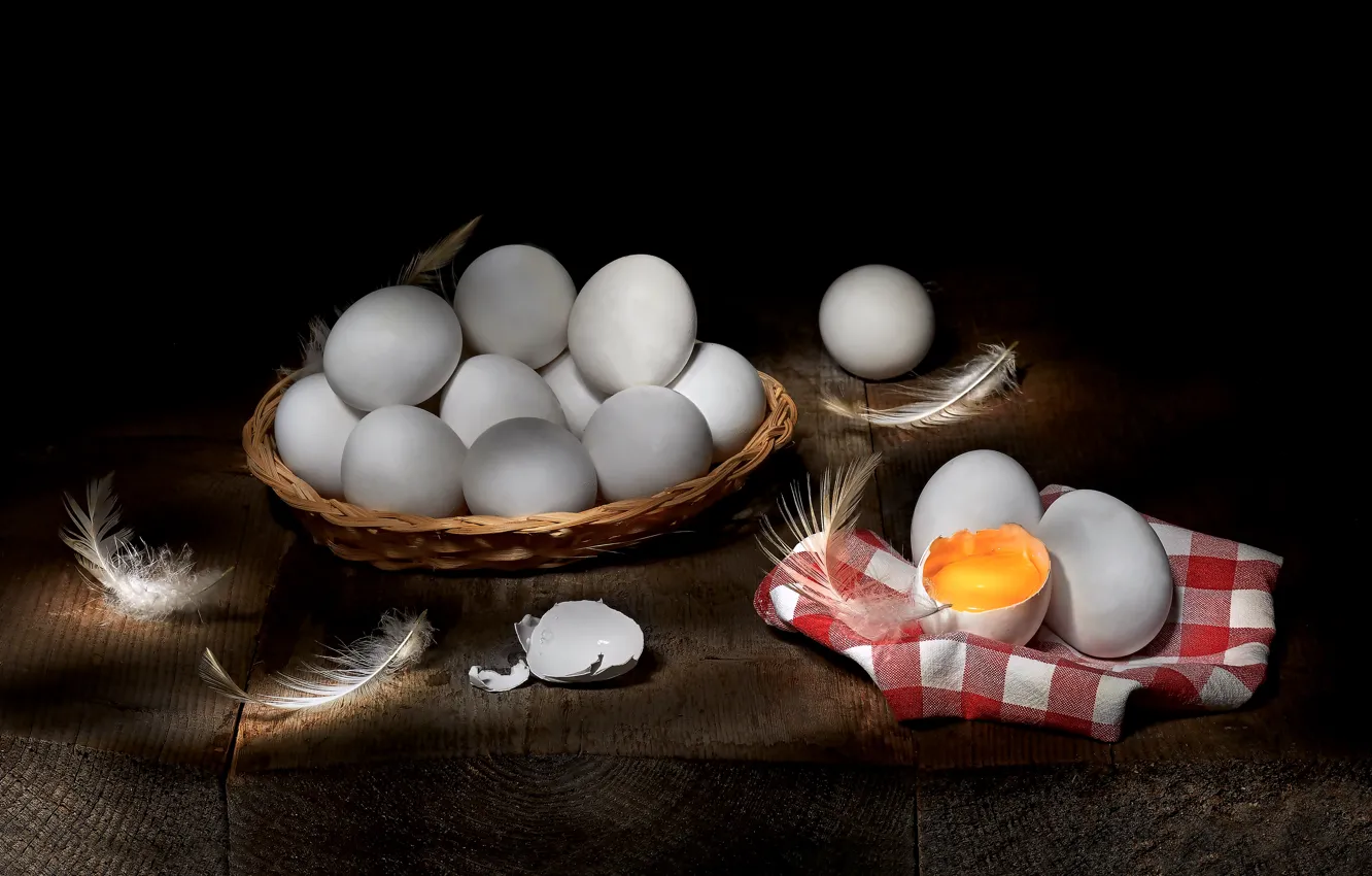 Photo wallpaper Board, food, eggs, feathers, white, black background, still life, shell