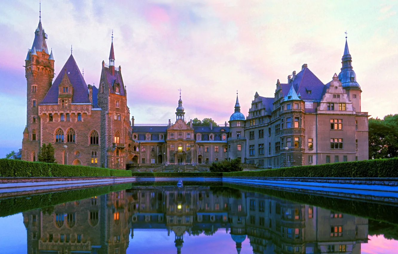 Photo wallpaper the sky, trees, pond, tower, Poland, the bushes, facade, Palace