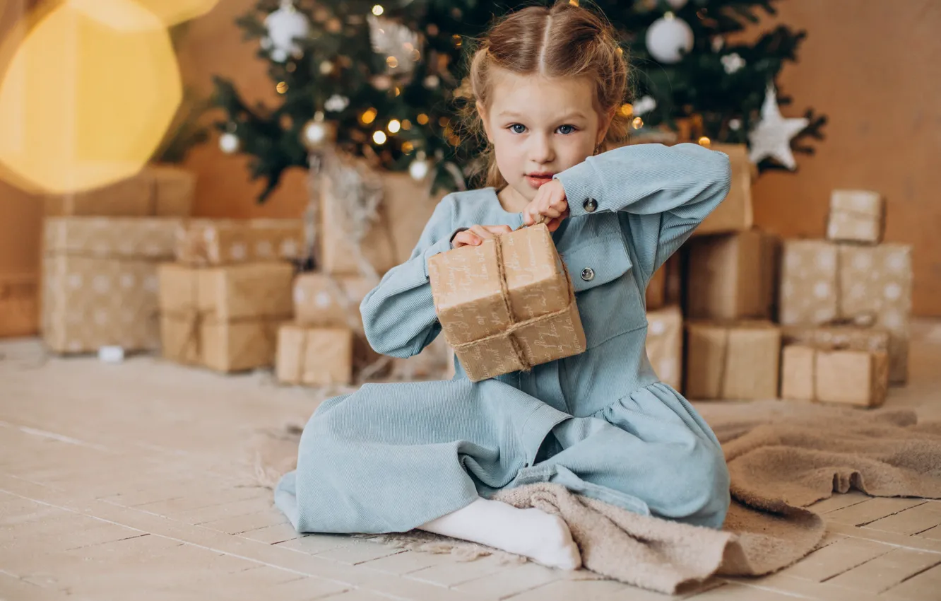 Photo wallpaper children, box, new year, Christmas, girl, Christmas decorations, blue dress