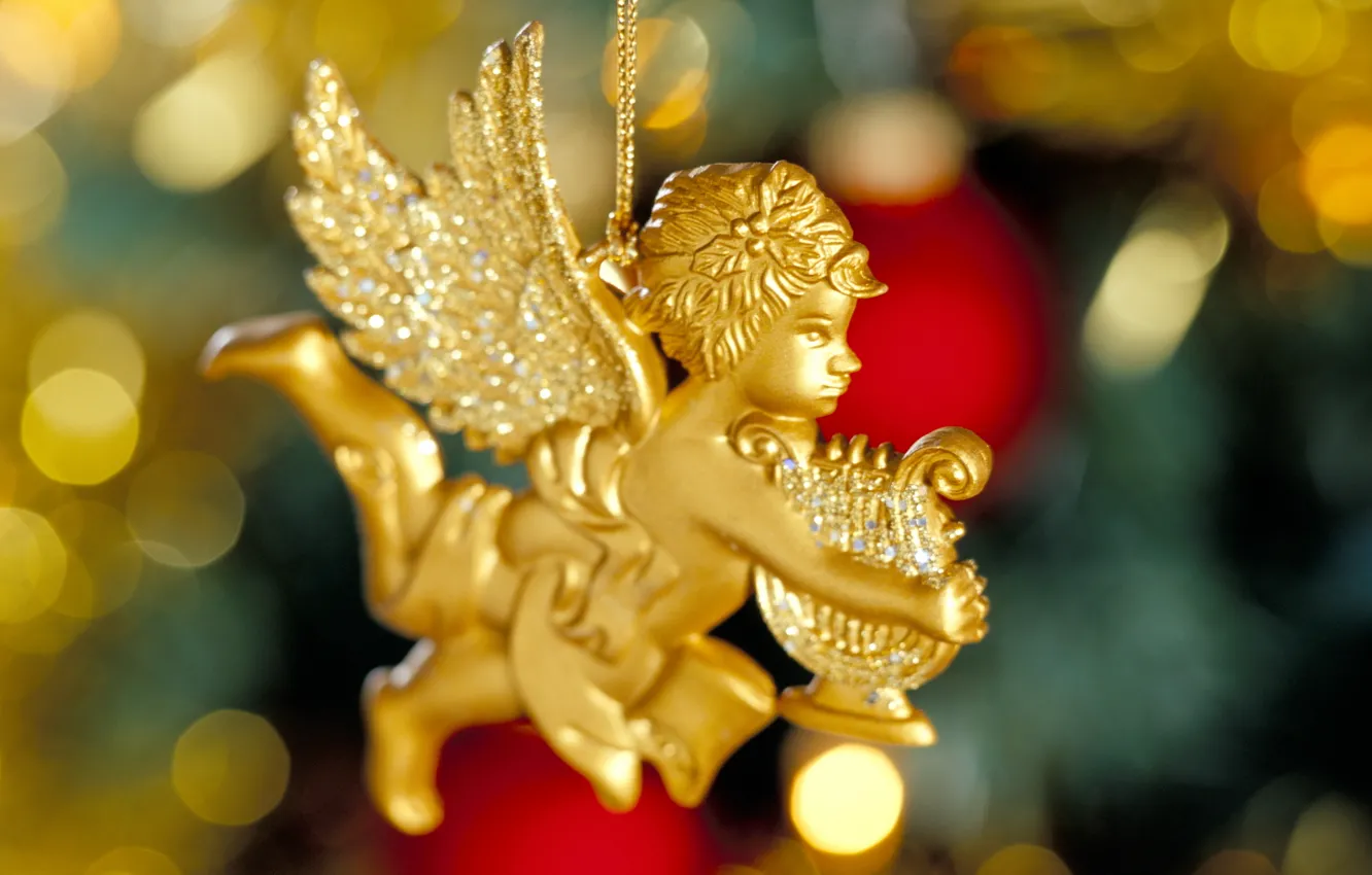 Photo wallpaper gold, holiday, new year, angel, harp, gold plated, new year, wings