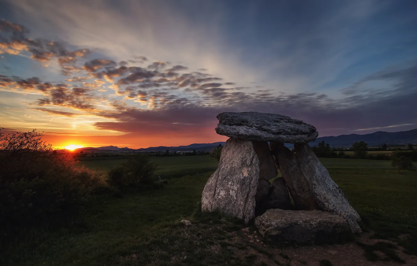 Photo wallpaper field, the sky, the sun, clouds, landscape, sunset, mountains, nature