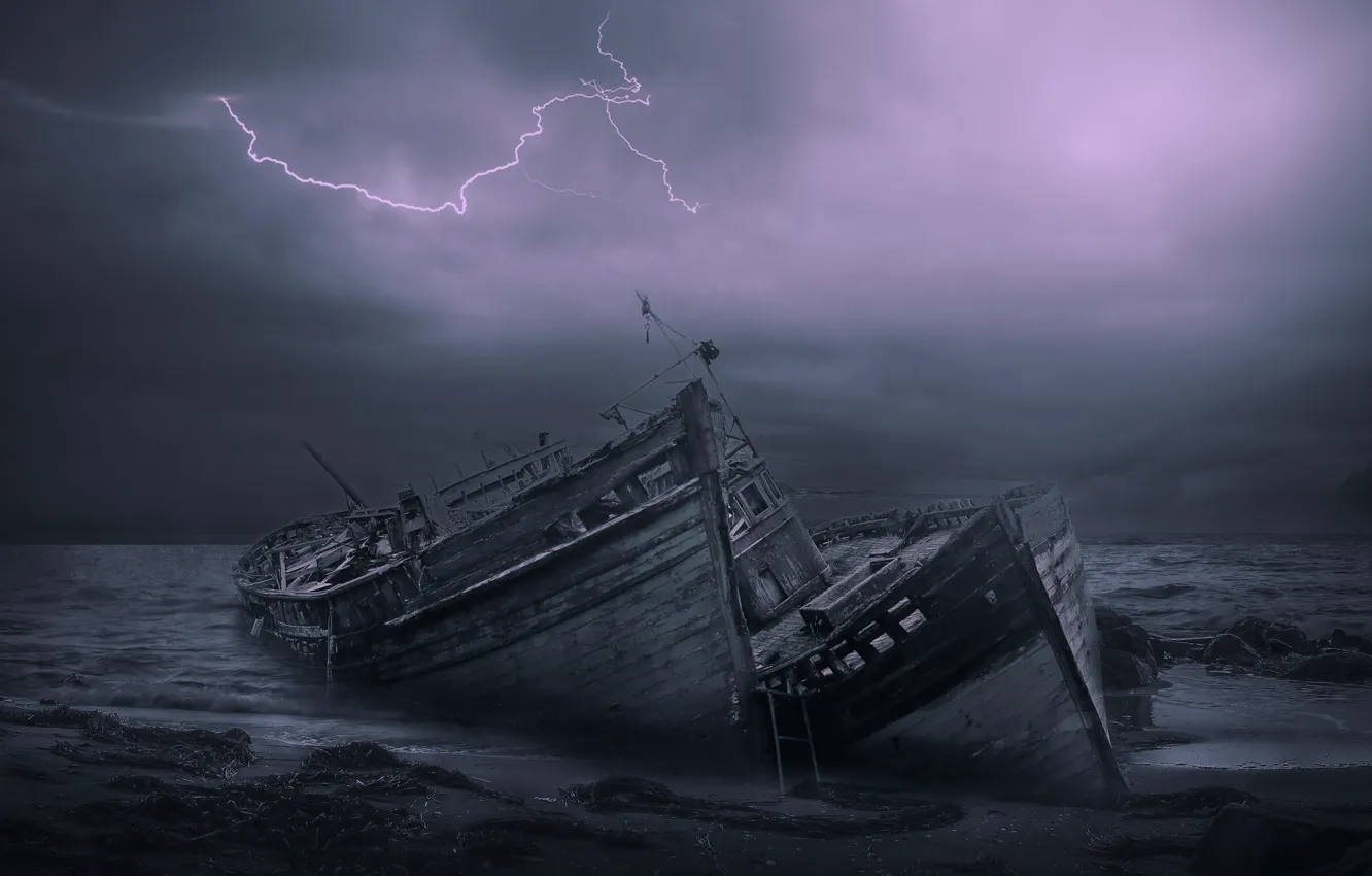 Photo wallpaper sea, the storm, the sky, clouds, rendering, shore, lightning, ship
