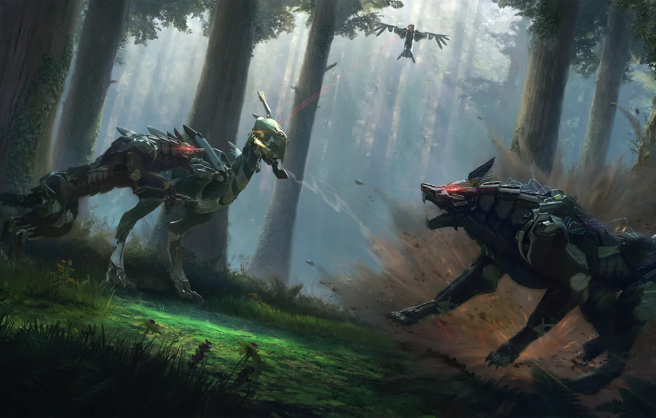 Photo wallpaper robot, fiction, wolf, fight, bird, Raven