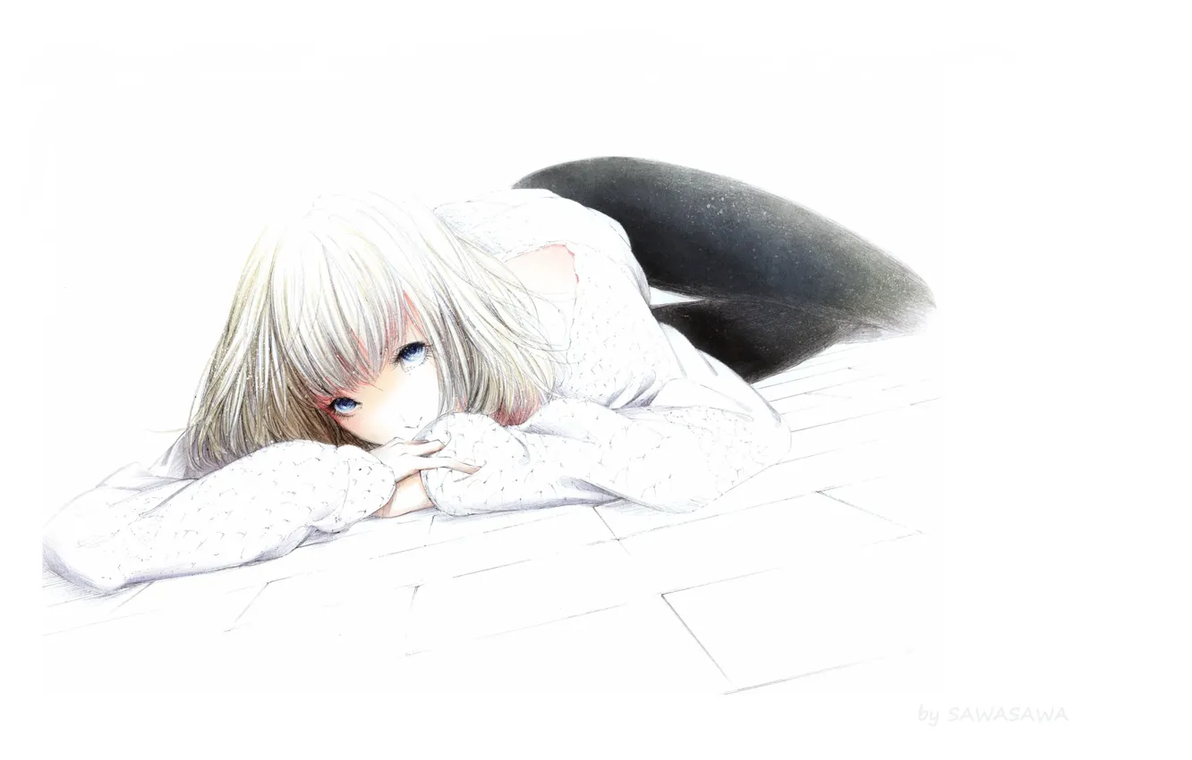 Photo wallpaper figure, girl, blue eyes, lying on the floor, white blouse, by Sawasawa