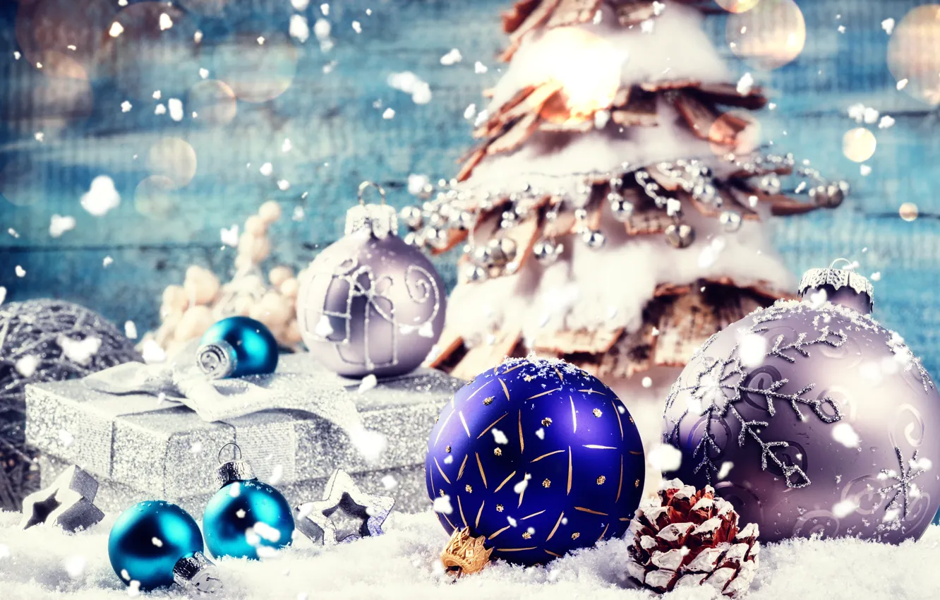 Photo wallpaper winter, snow, decoration, balls, tree, New Year, Christmas, Christmas