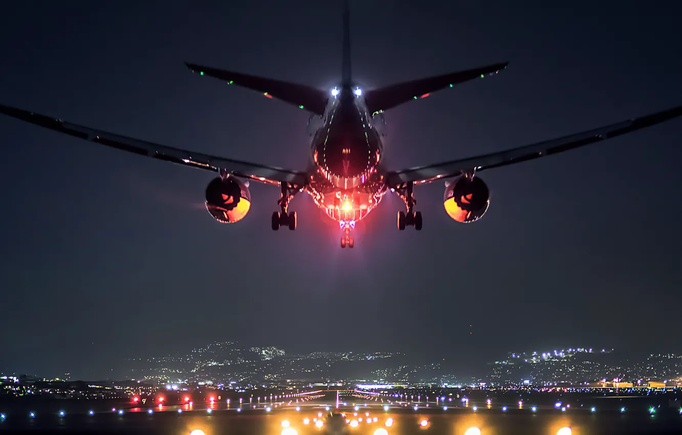 Photo wallpaper landscape, lights, the plane, Japan, airport, Osaka, Boeing 787