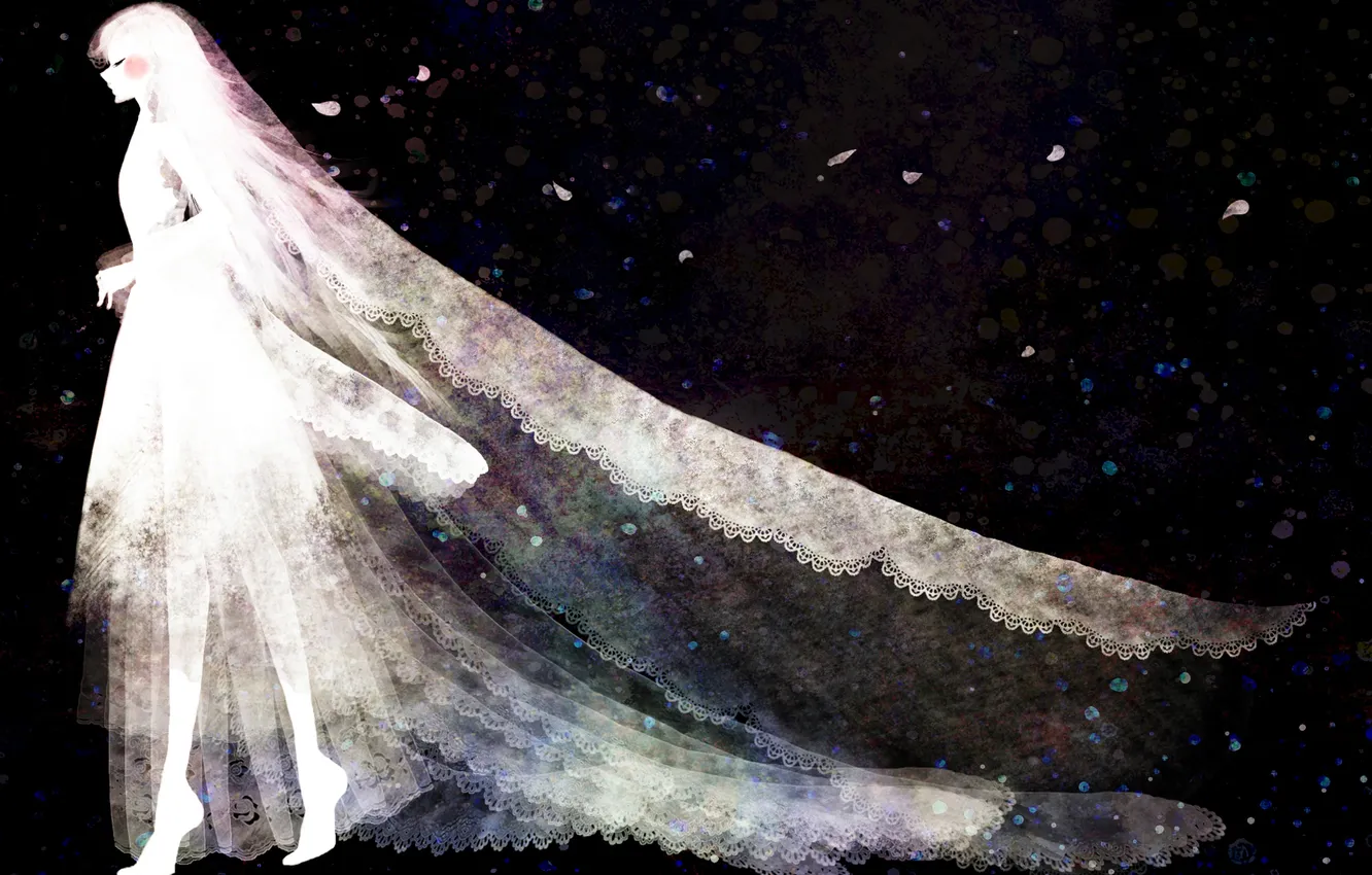 Photo wallpaper girl, petals, white dress, veil, white hair