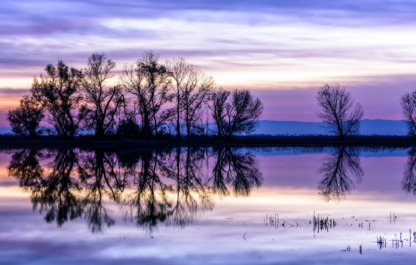 Photo wallpaper the sky, clouds, trees, sunset, reflection, river, the evening, CA