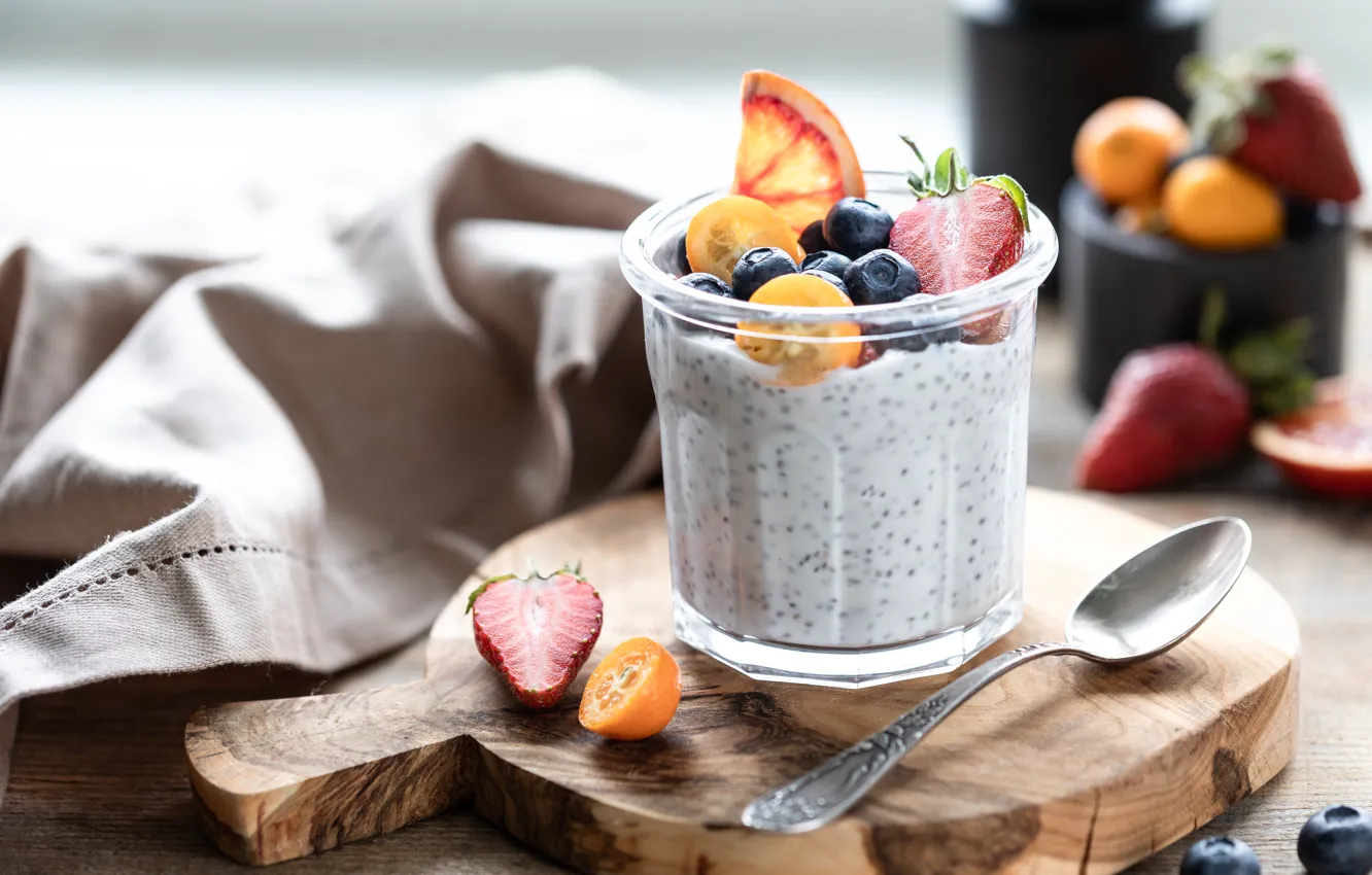 Photo wallpaper berries, Breakfast, jar, yogurt, Chia, Vladislav Nosick, Sorry