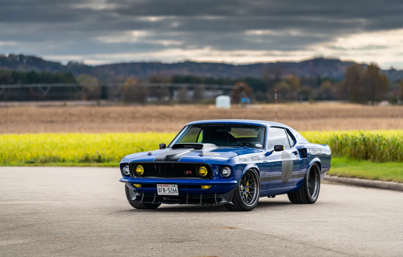 Photo wallpaper Ford, Road, Grass, 1969, Lights, Ford Mustang, Muscle car, Mach 1