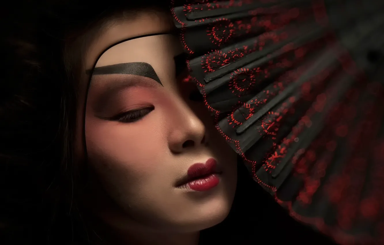 Photo wallpaper makeup, fan, Geisha Mask