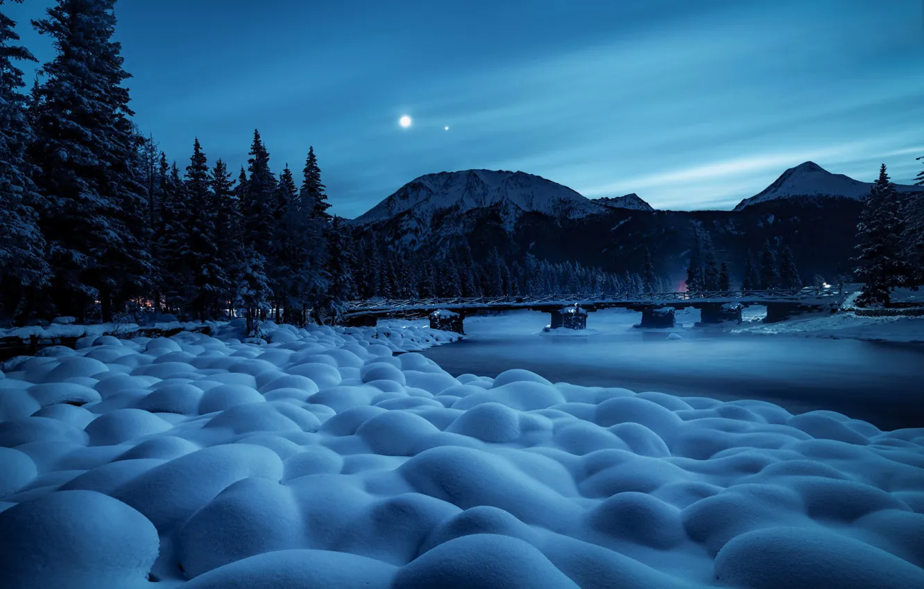 Photo wallpaper winter, snow, mountains, night, bridge, river
