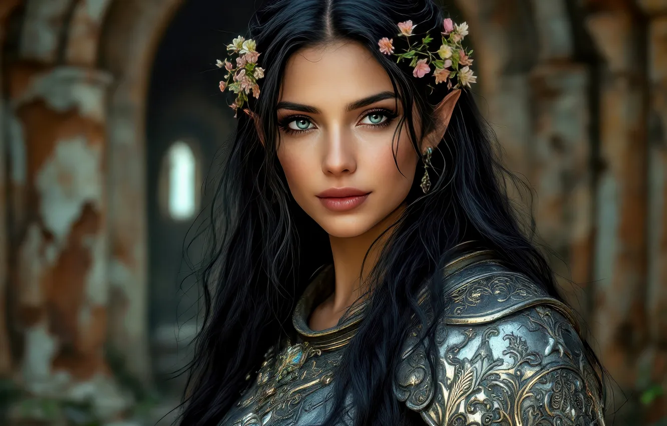 Photo wallpaper look, girl, flowers, castle, portrait, armor, brunette, fantasy