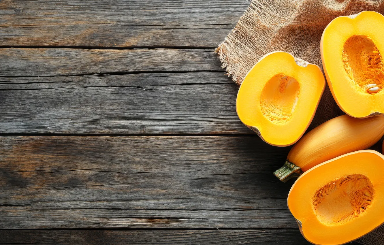 Photo wallpaper autumn, Board, harvest, pumpkin, halves, burlap, zucchini, AI art