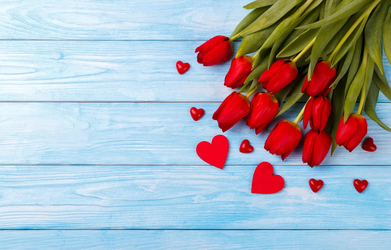 Photo wallpaper love, red, bouquet, hearts, tulips, red, love, wood