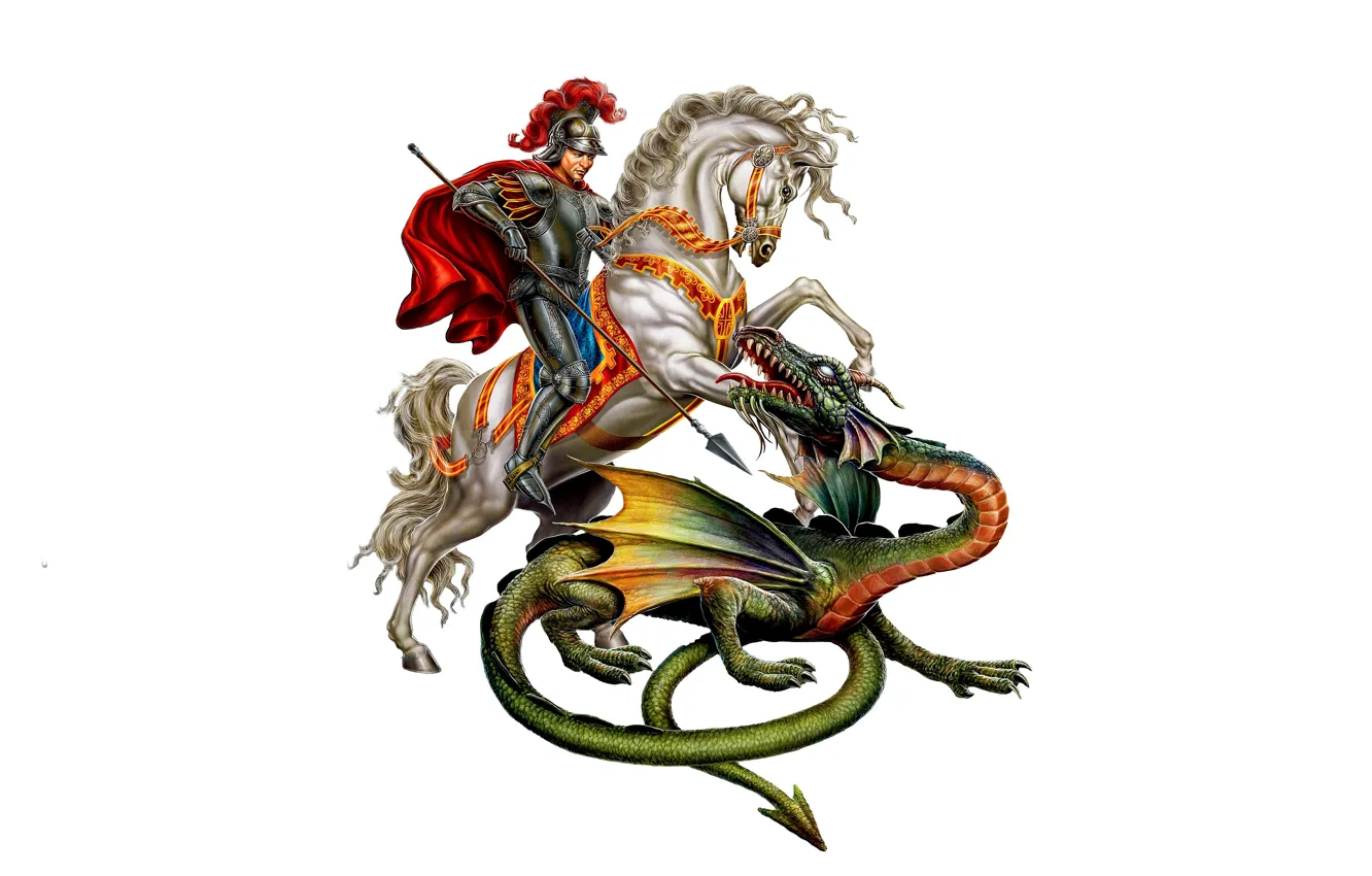 Photo wallpaper dragon, Horse, Snake, Armor, Warrior, White background, Battle, Art