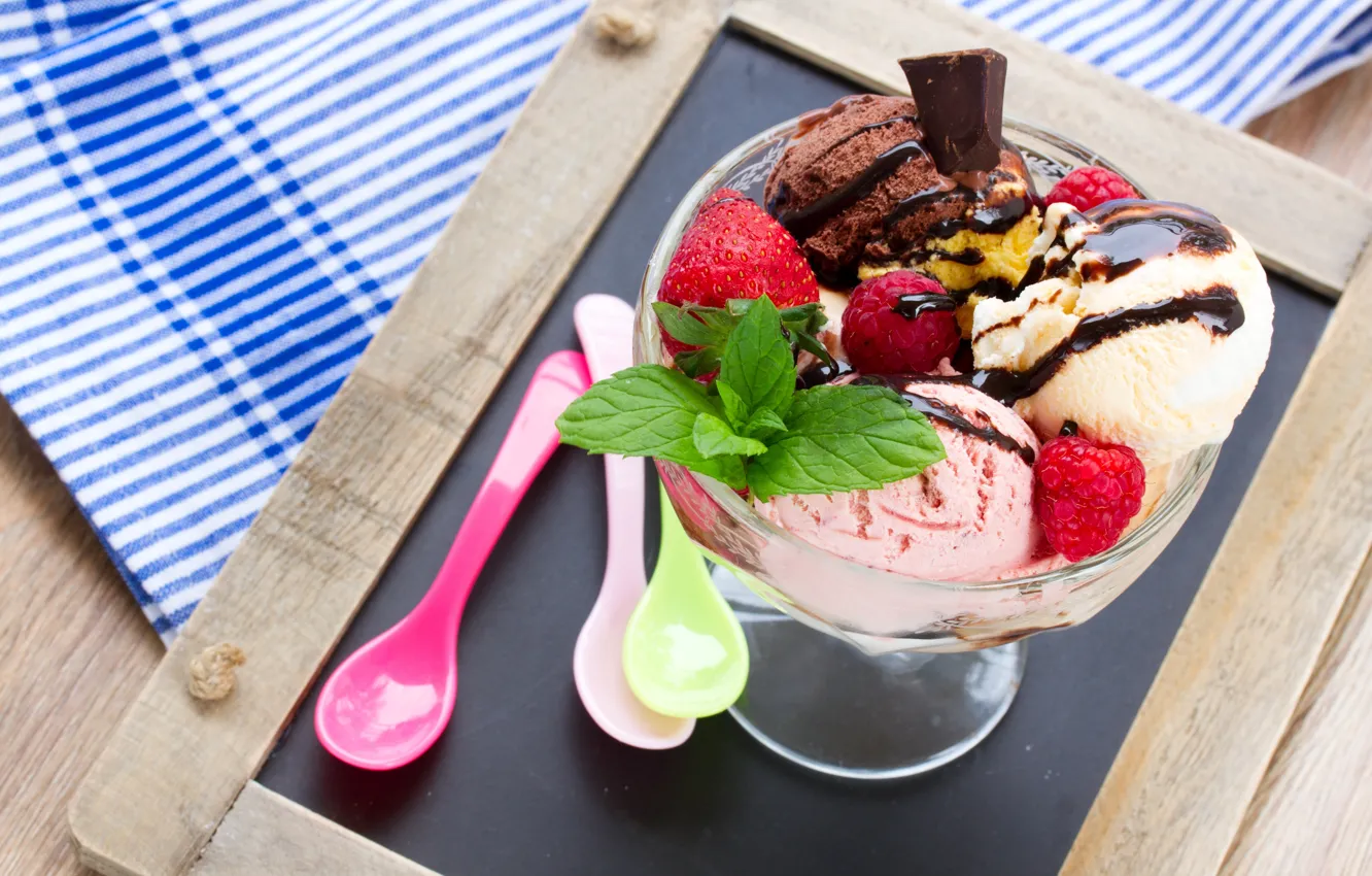 Photo wallpaper balls, berries, raspberry, chocolate, strawberry, ice cream, dessert, sweet