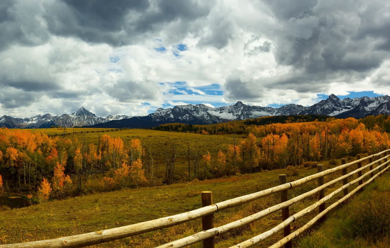 Photo wallpaper field, autumn, mountains, the fence, pasture, the fence