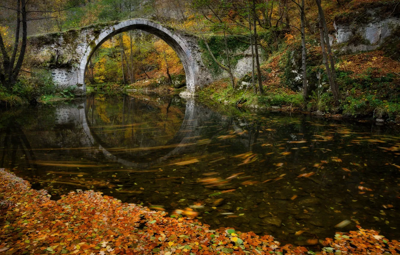 Photo wallpaper autumn, bridge, river